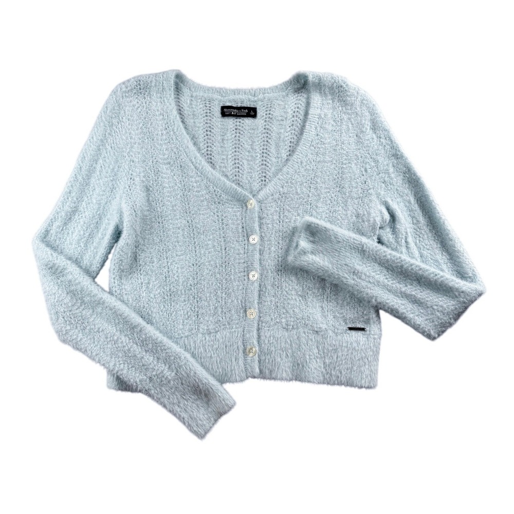 Abercrombie & Fitch Soft A&F Sweater Blue Fuzzy Cropped Pointelle Cardigan Sz L